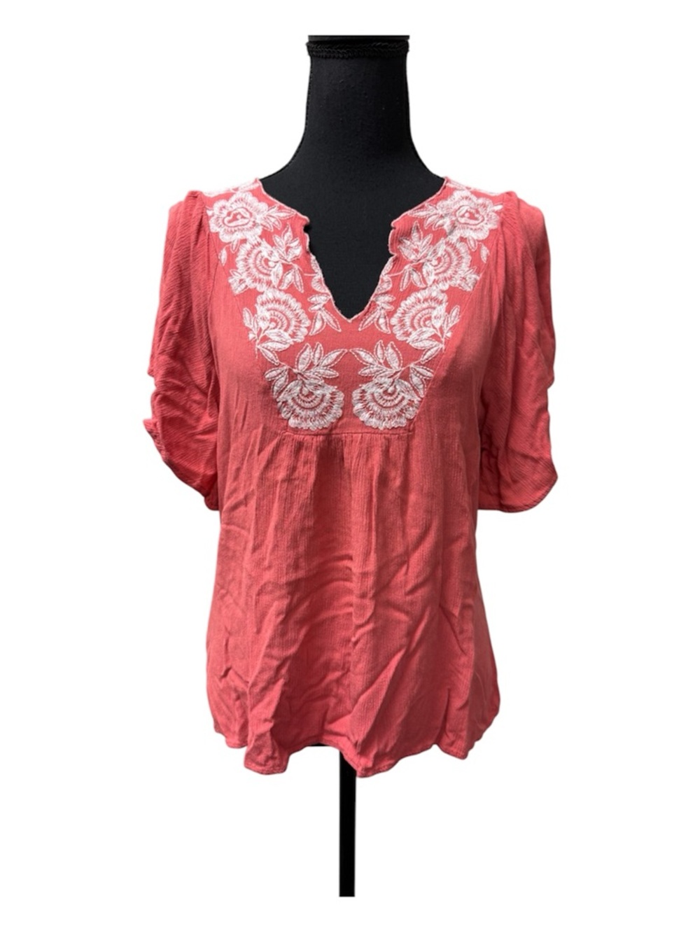 Fair Haven Coral Embroidered Blouse L Boho Peasant Floral Summer Top Chic